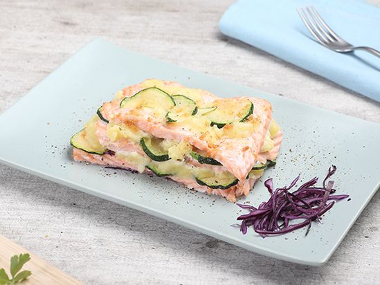 Salmon mille-feuille, potato cream and courgettes