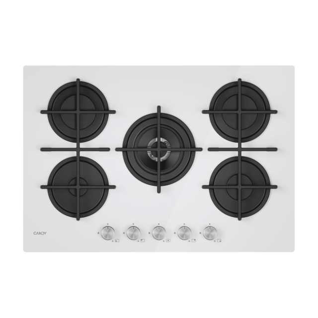 Főzőlap, gáz, üveg lappal, 5 zóna, fehér szín, edzett üveg