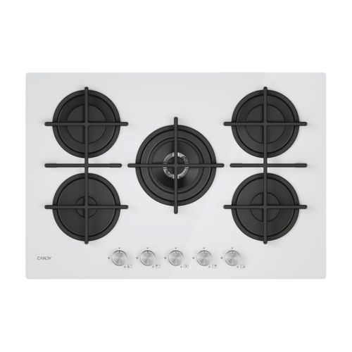 Főzőlap, gáz, üveg lappal, 5 zóna, fehér szín, edzett üveg