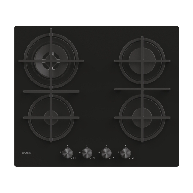Hob, Gas on glass, 4 zones, Black, Tempered glass