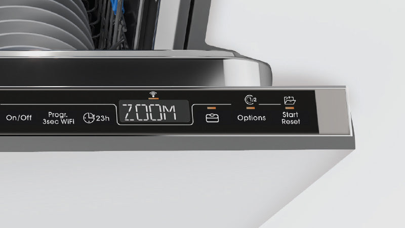 Pannello di controllo di una lavastoviglie, con display che mostra 'ZOOM' e vari pulsanti e icone, incluso Wi-Fi e opzioni di avvio/reset.